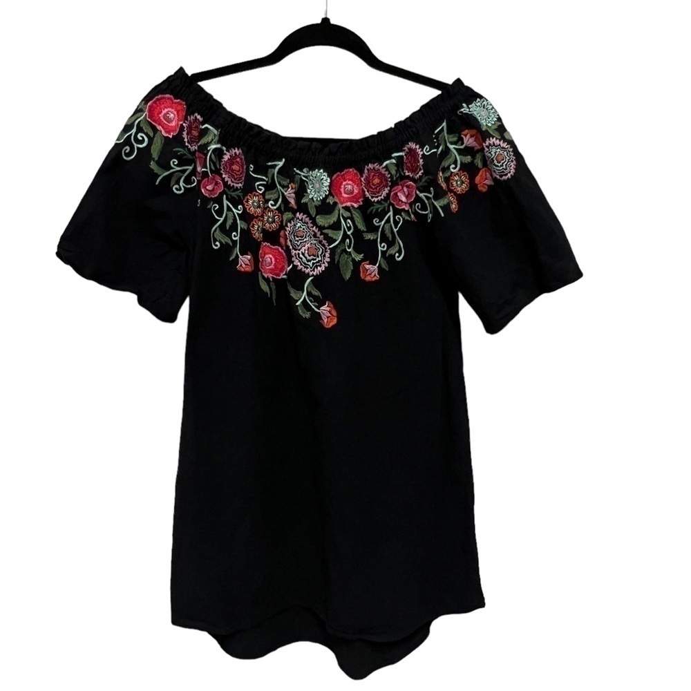 UMGEE Black Floral Embroidered Wide Stretch Neckline Shift Dress, Size Small